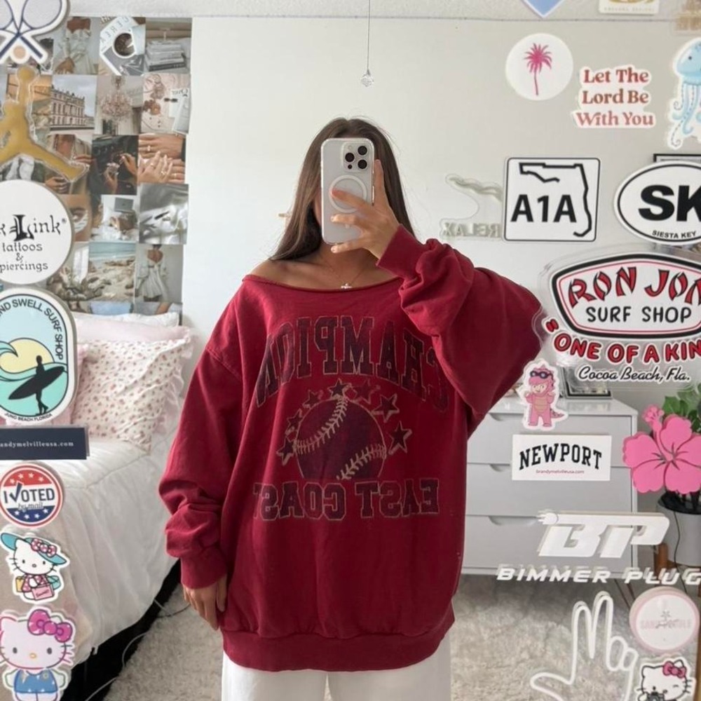 Urban‎ Outfitters Red Baseball off the shoulder sweatshirt